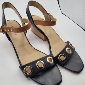 Vaneli Black and Tan Sandals with Gold Rings